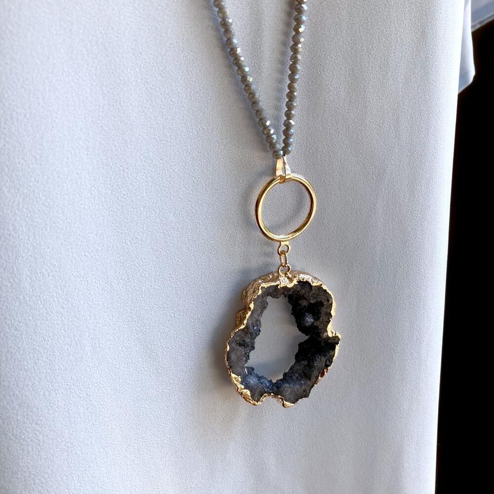 Natural Geode Gold Pendant Beaded Necklace 36"